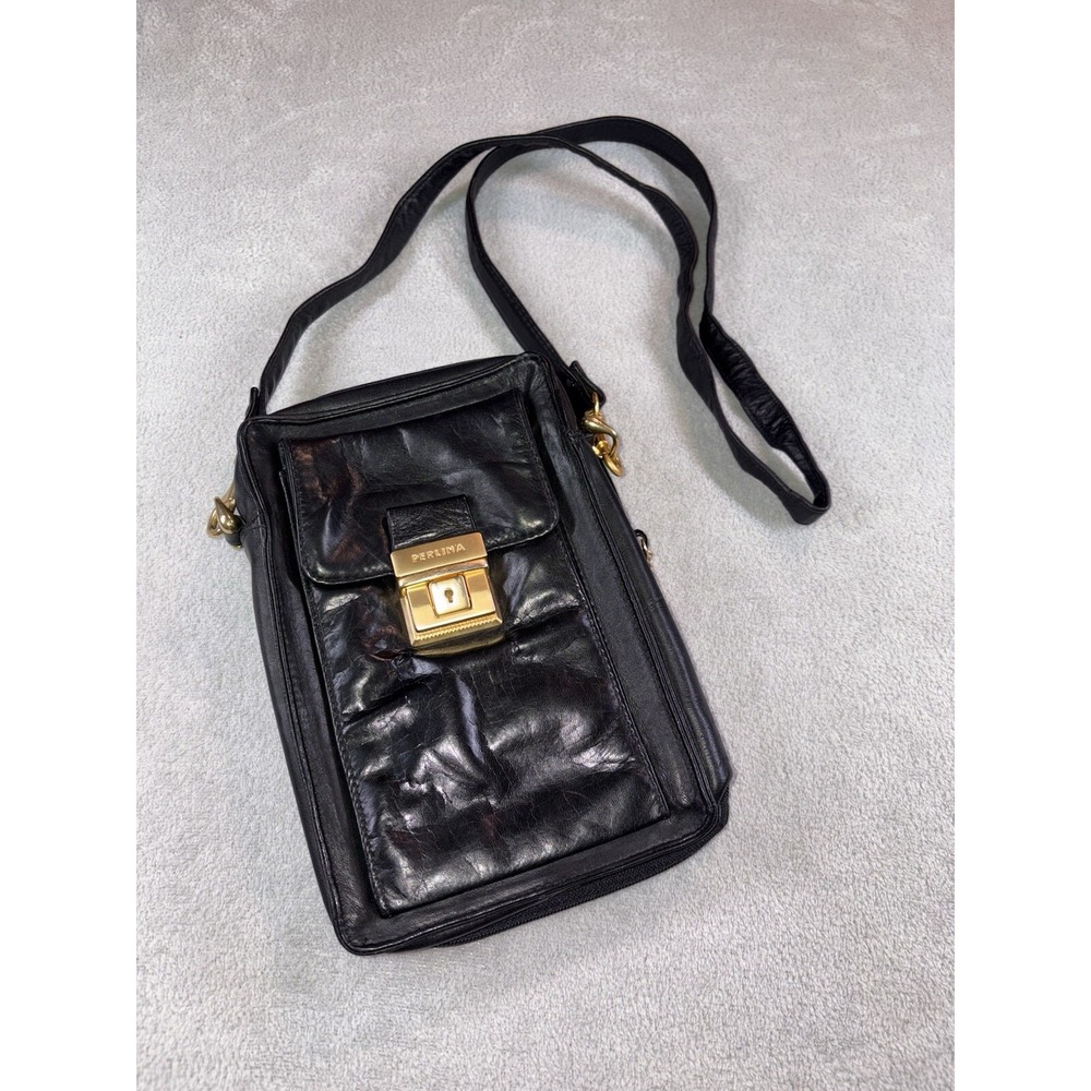 Perlina Black Leather Crossbody Bag with Gold Accents Handbag Purse